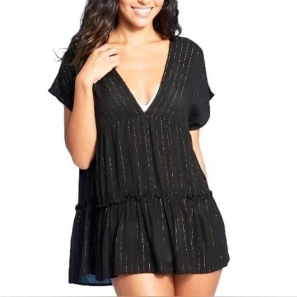 Xhilaration Black/Gold V-Neck Beach Swim Cover Up Tunic Top Size Medium NWT